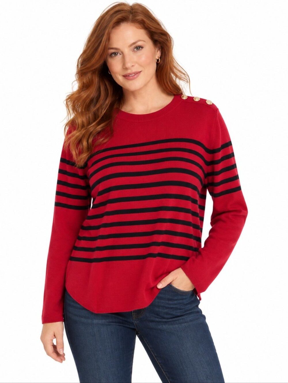 Karl Lagerfeld Paris Sweater XL Red Black Striped Gold Button Rayon Knit